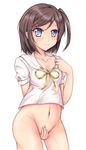  1girl aqua_eyes blush breasts brown_hair censored hair_bow hair_grab hair_ornament hairclip hentai_ouji_to_warawanai_neko. no_bra no_panties saliva school_uniform shirt_lift short_hair side_ponytail tsutsukakushi_tsukiko 