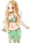  bikini_top blonde_hair breasts cleavage green_sarong hato_haru highres idolmaster idolmaster_cinderella_girls long_hair medium_breasts mochizuki_hijiri navel sarong scrunchie sketch smile solo strap_gap swimsuit 