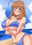  :&lt; ahoge beach bikini blue_eyes blush breast_hold breasts brown_hair cleavage cloud day huge_breasts komusou_(jinrikisha) ooba_minori original short_hair solo striped striped_bikini sweat swimsuit 