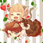  1girl animal_ears beatrice blonde_hair blue_eyes cat_ears cat_tail chibi dog_ears dress fang flower food fruit hair_bun kemonomimi_mode kouichirou leaf open_mouth red_hair smile strawberry strawberry_blossoms tail umineko_no_naku_koro_ni ushiromiya_battler 