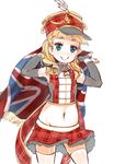  band_uniform bangs blonde_hair blue_eyes blunt_bangs british elbow_gloves flag gloves hato_haru idolmaster idolmaster_cinderella_girls long_hair mary_cochran midriff navel plaid skirt smile solo thighhighs twintails union_jack wrist_cuffs zettai_ryouiki 