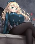  atago_(kantai_collection) blonde_hair breasts green_eyes hat huge_breasts kantai_collection long_hair pantyhose solo tamago_kago 