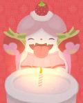  ambiguous_gender cake candle food happy neitsuke nintendo pattern_background pok&eacute;mon pok&eacute;mon_(species) red_background simple_background slurpuff smile solo tongue tongue_out video_games 