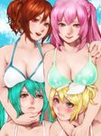  aqua_eyes aqua_hair arms_around_neck bikini blonde_hair blue_eyes blush breast_envy breast_rest breasts breasts_on_head brown_eyes brown_hair cleavage hair_ornament hairclip hand_on_shoulder hatsune_miku kagamine_rin large_breasts lips long_hair looking_up megurine_luka meiko meriko multiple_girls nail_polish pink_hair project_diva_(series) project_diva_f short_hair side_ponytail smile sweat swimsuit swimwear_(module) twintails vocaloid 