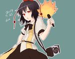  black_hair camera hat hauchiwa leaf-pattern_stripe leaf_fan looking_at_viewer miyo_(ranthath) red_eyes shameimaru_aya short_hair solo tokin_hat touhou 