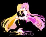  bare_shoulders black_background blonde_hair closed_eyes couple cure_moonlight_mirage cure_sunshine_mirage heartcatch_precure! high_heels highres holding hug kneeling light_smile long_hair multiple_girls pants precure purple_hair simple_background trench_coat yuri yuucho_(cololal) 