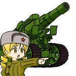  &gt;:o 1girl artillery blonde_hair cannon chibi drill_hair hammer_and_sickle mahou_shoujo_madoka_magica military military_uniform open_mouth pointing simple_background solo soviet soviet_union star tomoe_mami twin_drills uniform ussr weapon white_background yellow_eyes 
