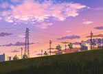  bicycle bird blue_sky brown_hair cloud cloudy_sky commentary_request doora_(dora0913) evening gradient_sky grass ground_vehicle long_hair original outdoors power_lines purple_sky scenery sky solo telephone_pole transmission_tower tree twilight very_wide_shot 