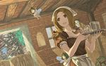  :d ambiguous_gender apron bad_id bad_pixiv_id bare_arms barmaid blue_eyes braid brick_wall brown_dress brown_hair brown_hairband building ceiling covering_ears cup cute_fairy_(elona) day doorway dress drinking_glass dutch_angle elona explosion fairy flying green_hair hair_over_shoulder hair_ribbon hairband harusame_(rueken) head_scarf holding indoors looking_back multiple_girls open_mouth plant poster_(object) puffy_short_sleeves puffy_sleeves red_ribbon restaurant ribbon rubble shena_the_draw short_sleeves smile sunlight sweatdrop tray twin_braids twintails upper_body waitress white_apron window wings 