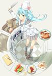  bad_id bad_pixiv_id beige_background blue_hair breasts byte_(allbyte) checkered checkered_floor chef chef_hat chef_uniform chopsticks cooking cutting_board dishes emblem food fork frying_pan green_eyes hat highres holding kitchen kitchen_knife knife lobster long_hair medium_breasts original plate pot simple_background sink solo standing steak toque_blanche 