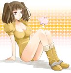  anger_vein animal boots breasts brown_hair cleavage diane_(nanatsu_no_taizai) giantess gradient gradient_background grey_eyes hawk_(nanatsu_no_taizai) heart heart_background leotard long_hair medium_breasts mizss nanatsu_no_taizai orange_leotard orange_skirt pig sitting size_difference skirt solo twintails white_background 