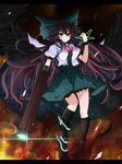  arm_cannon atom bird_wings black_hair black_legwear black_wings bow cape fire glowing glowing_weapon gradient_hair hair_bow highres kneehighs letterboxed long_hair multicolored_hair pigeon-toed puffy_sleeves purple_eyes purple_hair reiuji_utsuho rihito_(usazukin) shirt short_sleeves skirt solo space third_eye touhou very_long_hair weapon wings 