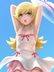  armpits arms_up bare_shoulders blonde_hair blush dress fang hat highres long_hair monogatari_(series) open_mouth oshino_shinobu siraha solo sun_hat yellow_eyes 