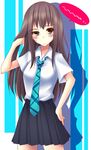  blush brown_hair dress_shirt green_eyes hand_on_hip idolmaster idolmaster_cinderella_girls long_hair natsu_(anta_tte_hitoha) necktie plaid plaid_neckwear school_uniform shibuya_rin shirt short_sleeves skirt solo 