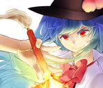  blue_hair colored_eyelashes fingernails food_themed_clothes glowing hands hat hinanawi_tenshi hisame_(gocbu) long_hair orange_eyes smile solo sword sword_of_hisou touhou weapon 