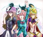  arm_up aura beads blonde_hair bow bowtie bracelet breasts cape clenched_hand cowboy_shot cross-laced_clothes dress earmuffs fox_mask gradient_hair hand_on_hip hata_no_kokoro hijiri_byakuren jewelry long_hair long_sleeves looking_at_viewer mask medium_breasts multicolored_hair multiple_girls new_mask_of_hope noh_mask one_eye_closed open_mouth pink_hair pink_skirt plaid plaid_shirt prayer_beads raised_fist red_bow red_neckwear shika_miso shirt short_hair short_sleeves skirt touhou toyosatomimi_no_miko very_long_hair white_dress 