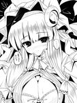  ai_takurou blush breasts cleavage crescent greyscale hair_ribbon hat large_breasts long_hair long_sleeves looking_at_viewer monochrome patchouli_knowledge ribbon solo touhou translation_request 
