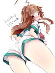  ahoge ass blush brown_hair dated from_behind from_below kanro_ame_(ameko) kantai_collection kuma_(kantai_collection) long_hair looking_at_viewer looking_back open_mouth red_eyes shorts solo thighs wavy_mouth 