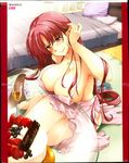  1girl adjusting_hair alcohol apron barefoot bed bed_sheet blush breasts cake collar cream cup curvy drink feet food fruit happy highres huge_breasts kamino_ryuuya long_hair looking_at_viewer mole naked_apron nude pillow red_eyes red_hair sitting smile solo strawberry table wine 