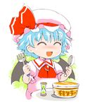 :d bat_wings blue_eyes blue_hair brooch closed_eyes cup_ramen dress food fork happy hat hat_ribbon hourglass ichizen_(o_tori) jewelry md5_mismatch mob_cap noodles open_mouth pink_dress ramen remilia_scarlet ribbon smile solo spoon touhou wings younger 