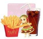  artist_name blonde_hair brown_eyes cheese chibi dav-19 dress drinking_straw food food_themed_clothes french_fries hair_ornament hairband hamburger ice ice_cube lace lace_background lettuce minigirl original personification signature soda solo sparkle tomato transparent_background watermark web_address 
