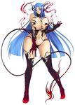  1girl amano_mokuzu blue_hair breasts curvy demon_girl demon_tail elbow_gloves female gloves huge_breasts long_hair navel panties purple_eyes simple_background solo standing succubus tail thighhighs umino_mokuzu_(a4_size) underwear white_background wide_hips 