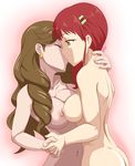  aikatsu! aikatsu!_(series) ass breasts brown_hair closed_eyes hakuyou-choun hands_clasped highres hoshimiya_ringo_(aikatsu!) hug kiss long_hair mature medium_breasts mitsuishi_orihime multiple_girls navel nipples nude own_hands_together red_hair yellow_eyes yuri 