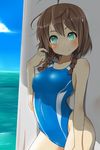  amy_(suisei_no_gargantia) blush braid brown_hair competition_swimsuit green_eyes hair_ornament highres ocean one-piece_swimsuit open_mouth pon_(shind_997) short_hair smile solo suisei_no_gargantia swimsuit twin_braids water 