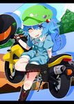  backpack bag blue_eyes blue_hair collagen hair_bobbles hair_ornament hat highres kawashiro_nitori letterboxed one_eye_closed short_hair solo touhou two_side_up 