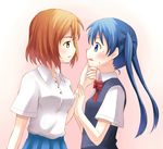  bad_id bad_pixiv_id blue_eyes blue_hair blush brown_eyes chin_grab dress_shirt gradient gradient_background hand_on_another's_chin inokuma_youko kin-iro_mosaic komichi_aya long_hair looking_at_another ma_tsukasa multiple_girls neck_ribbon orange_eyes orange_hair pleated_skirt ribbon school_uniform shirt short_hair skirt sweat sweater_vest twintails vest yuri 