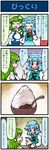  2girls 4koma :d artist_self-insert blue_hair bowl breasts closed_eyes comic commentary detached_sleeves food green_hair heterochromia highres juliet_sleeves kochiya_sanae large_breasts long_sleeves mizuki_hitoshi multiple_girls open_mouth puffy_sleeves real_life_insert shirt skirt smile surprised sweat tatara_kogasa touhou towel towel_on_head translated tsukumogami vest 