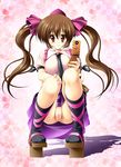  1girl black_legwear blouse blush brown_eyes brown_hair cellphone female footwear geta hair_ribbon hat himekaidou_hatate kamiya_tomoe long_hair necktie no_panties phone pussy ribbon sitting skirt smile socks solo squatting tokin_hat touhou twintails uncensored 