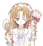  90s bow brown_eyes brown_hair choker frills hairband icing long_hair official_art one_eye_closed pastry_bag ribbon scan solo suomi_kyouko tanemura_arina time_stranger_kyoko whisk white_background 