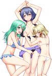  arms_up ass bikini black_bikini blonde_hair blue_bikini blue_eyes blush breasts frilled_bikini frills front-tie_top green_hair h_kasei hair_ornament hair_ribbon highres kochiya_sanae legs long_hair long_legs medium_breasts moriya_suwako multiple_girls navel open_mouth purple_hair red_eyes ribbon short_hair side-tie_bikini simple_background smile swimsuit thighs touhou untied untied_bikini white_background white_bikini yasaka_kanako yellow_eyes 