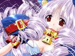  breasts cleavage drill_hair dutch_angle light_smile lock long_hair medium_breasts official_art oono_tetsuya pauldrons purple_hair red_eyes scan silky_(tenshi_ni_narumon) solo tenshi_ni_narumon 