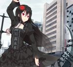  bad_id bad_pixiv_id black_dress black_hair broken_window building chain choker city dress flower frilled_dress frills gothic_lolita hair_flower hair_ornament hairband juliet_sleeves lolita_fashion lolita_hairband long_hair long_sleeves marotti original puffy_sleeves purple_eyes red_flower red_rose road_sign rose scythe sign skyscraper solo very_long_hair 