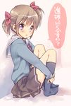  blush brown_hair ech hair_ribbon how_is_the_progress_(meme) leg_hug open_mouth original purple_eyes ribbon school_uniform serafuku shirt sitting skirt solo translated twintails 