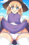  1girl :d blonde_hair blue_eyes blue_sky blush bow bow_panties breasts cameltoe cloud dress dress_lift eyebrows_visible_through_hair female from_below gluteal_fold hair_between_eyes hat lifted_by_self long_sleeves looking_at_viewer looking_down moriya_suwako onaho_(otayoku) open_mouth panties panty_pull sky smile solo touhou underwear white_legwear white_pantie white_panties white_sleeves 
