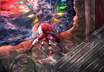  bad_id bad_pixiv_id bat blonde_hair crystal flandre_scarlet hole moon no_hat no_headwear outstretched_arms pillar red_moon revision ribbon shirt short_hair short_sleeves skirt skirt_set solo touhou touro wings wristband 