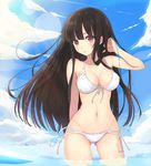  :o ass_visible_through_thighs bikini black_hair blush breasts brown_eyes cleavage cloud day fisheye front-tie_top groin highres hime_cut kagerou_(shadowmage) lens_flare light_rays long_hair looking_at_viewer medium_breasts navel original shiny shiny_skin side-tie_bikini sky sunbeam sunlight swimsuit wading water white_bikini 