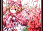  blonde_hair bow coat crying crying_with_eyes_open doll_joints dress flower green_eyes hair_bow hina_ichigo juliet_sleeves long_sleeves open_clothes open_coat petals pink_bow plant puffy_sleeves red_flower red_rose rose rosele rozen_maiden smelling_flower solo tears vines white_dress 