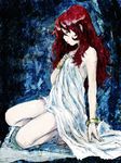  barefoot bed_sheet bracelet closed_eyes jewelry long_hair lupin_iii mine_fujiko pon red_hair solo squatting 