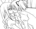  akemi_homura blush braid closed_eyes glasses graphite_(medium) greyscale kaname_madoka kiss long_hair mahou_shoujo_madoka_magica monochrome multiple_girls ribbon shiratama_yomogi traditional_media twin_braids twintails yuri 