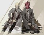  blood chain different_reflection dorohedoro dual_persona formal glasses hammer heart_(organ) mask minats mirror monochrome necktie notched_lapels peaked_lapels reflection scar serious shin_(dorohedoro) sitting suit tuxedo 