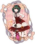  bad_id bad_pixiv_id closed_umbrella contrapposto curly_hair flower green_hair hair_flower hair_ornament hair_ribbon hand_on_hip kazami_yuuka planted_umbrella red_eyes ribbon short_hair solo standing sunflower touhou umbrella urita_(vivivinicol) white_legwear 