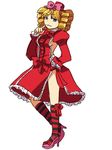  blonde_hair blue_eyes bow breasts dress drill_hair em_crazy finger_to_mouth gaap hand_on_hip hat high_heels kneehighs long_hair medium_breasts pink_bow sideboob solo striped striped_legwear umineko_no_naku_koro_ni 