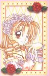  90s argyle argyle_background brown_eyes brown_hair curly_hair flower hair_flower hair_ornament jewelry long_hair necklace official_art one_eye_closed red_flower red_rose rose scan smile solo suomi_kyouko tanemura_arina time_stranger_kyoko upper_body white_flower white_rose wrist_cuffs 