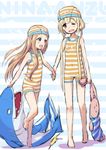  :d barefoot blonde_hair brown_eyes brown_hair character_name cosplay covered_navel fang futaba_anzu holding_hands ichihara_nina idolmaster idolmaster_cinderella_girls inflatable_shark inflatable_toy kigurumi kingin long_hair low_twintails multiple_girls one-piece_swimsuit one_eye_closed open_mouth sketch smile standing striped striped_swimsuit stuffed_animal stuffed_bunny stuffed_toy swim_cap swimsuit twintails unitard 