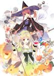  atelier_(series) atelier_ayesha ayesha_altugle bell blonde_hair book bow brown_eyes creature dress flask flower food fruit hat highres jingle_bell long_hair multiple_girls ooba_kagerou print_hat red_hair ribbon short_hair sidelocks smile staff star star_print wilbell_voll=erslied witch_hat 