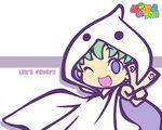  2004 ;d blue_eyes copyright_name ghost green_hair hood no_pupils official_art one_eye_closed open_mouth puyopuyo puyopuyo_fever short_hair smile solo takenami_hideyuki v wallpaper white_background yu-chan 